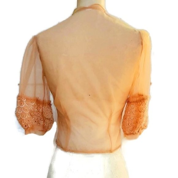 1950s Vintage Sheer Nylon Peach Orange Blouse With Ruffled Sleeves And Front - Picture 7 of 11
